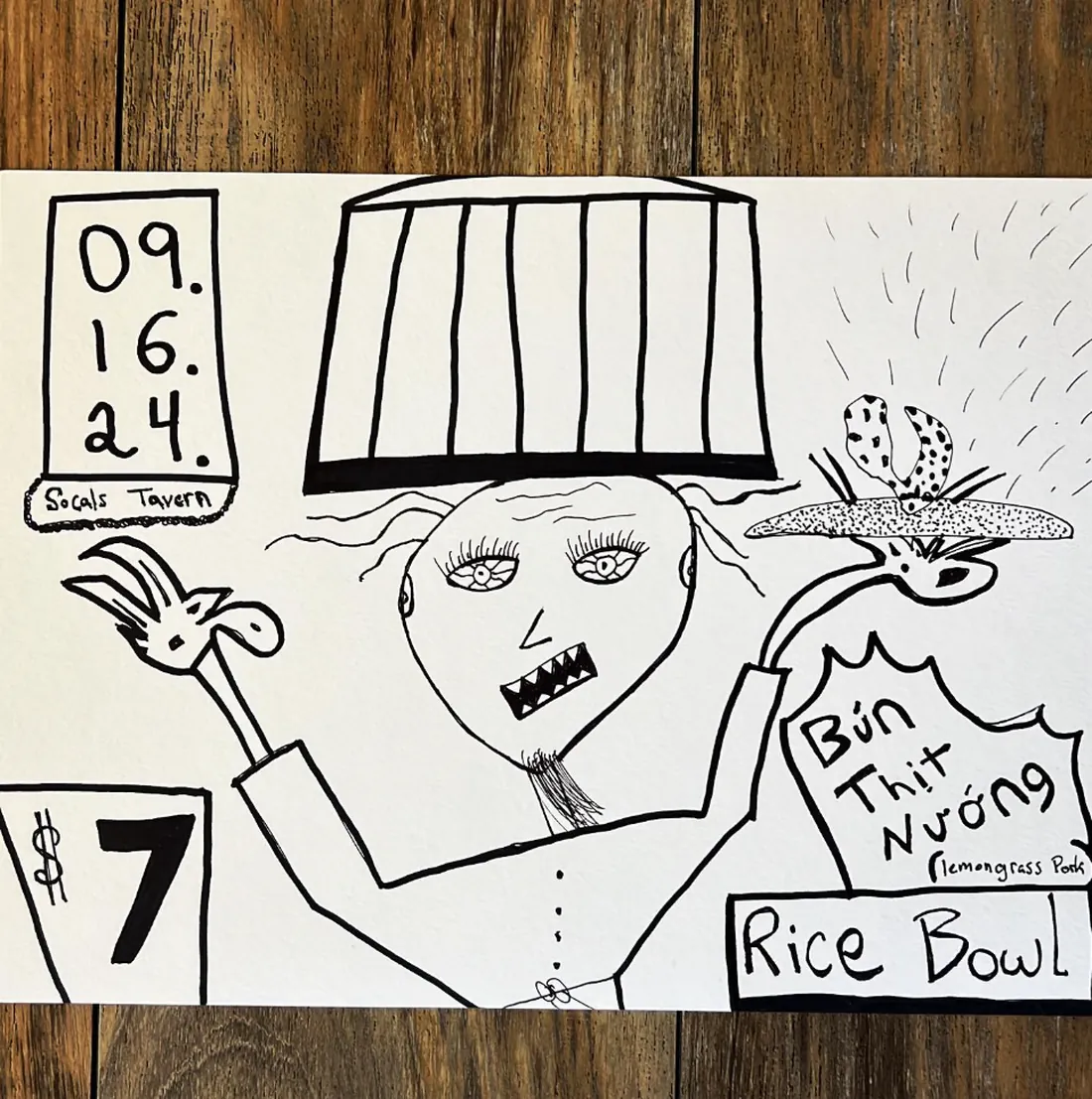 Hand-drawn poster: the Munchie Man holding a knife and a fish, advertising a $7 bún thịt nướng lemongrass pork rice bowl at SoCal's Tavern on 09.16.24.